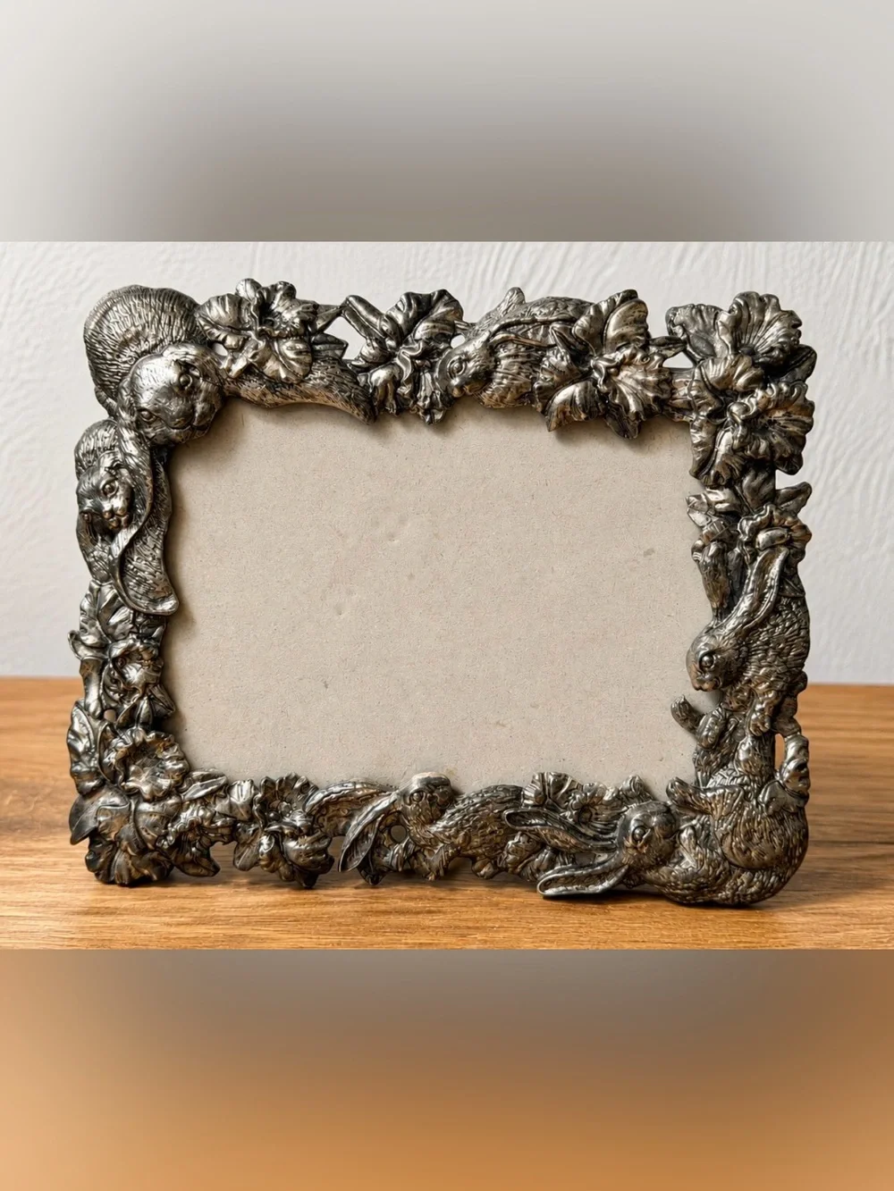 Vintage Ornate Silver Rabbit & Floral Decorative Picture Frame - Home Accents